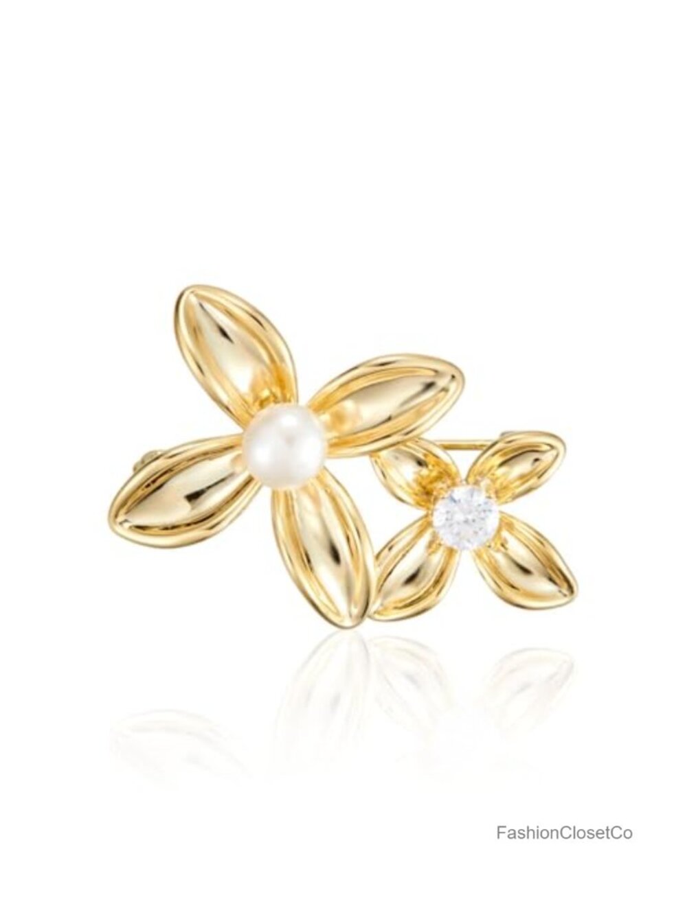 Crystal Imitation Pearl Flower Brooch Pin Gold Tone Double Floral Lapel